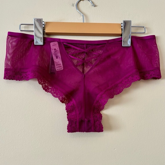 VS| NEW Purple Cheeky Panty Mesh Chantilly Lace Trim w/Crisscross Back Sz L NWT - Picture 2 of 3